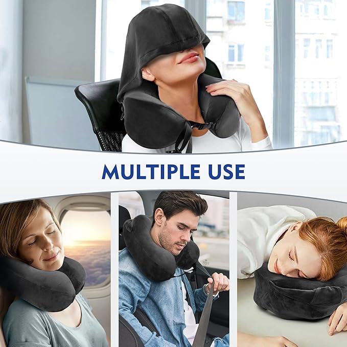 Neck Pillow with Hood - Memory Foam Neck Pillow Head Chin Support, Airplane, Car, Office & Home Sleep Rest Travel Pillows with Hood (Black, L)