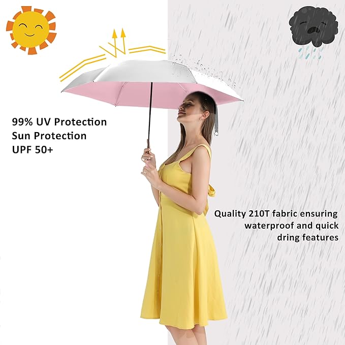 BAODINI Small UV Protection Travel Umbrella Compact for Rain and Sun UPF 50+ Windproof Portable 42 inch Umbrella for Women and Men
