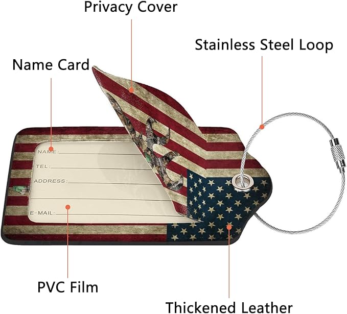 2 Pack Luggage Tags for Suitcase, Privacy Cover ID Label with Stainless Steel and Address Card for Travel Bag Backpack Cruise Ship Essentials Tag Women Men - Camo Deer American Flag