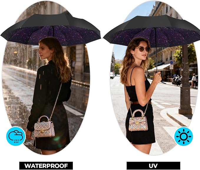 LLanxiry Compact Travel Umbrella, Automatic Open/Close Windproof Umbrella, 10 Fiberglass Ribs, 210T Pongee, UPF 50+ Sun/Rain, Lightweight Portable Umbrellas Travel Size with Carry Sleeve