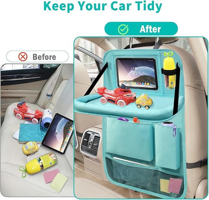 Etre Jeune Backseat Car Organizer with Tablet Holder, 6 Storage Pockets Car Storage Organizer with Foldable Food Tray, Kick Mats Travel Accessories, 2 Pack BLue