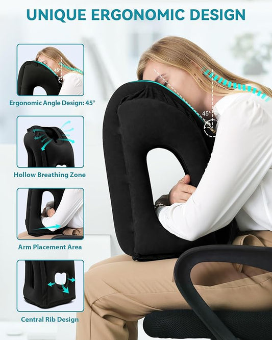 JefDiee Inflatable Travel Pillow, Airplane Neck Pillow Comfortably Supports Head and Chin for Airplanes, Trains, Cars Office Napping on The Tray Table (Black)