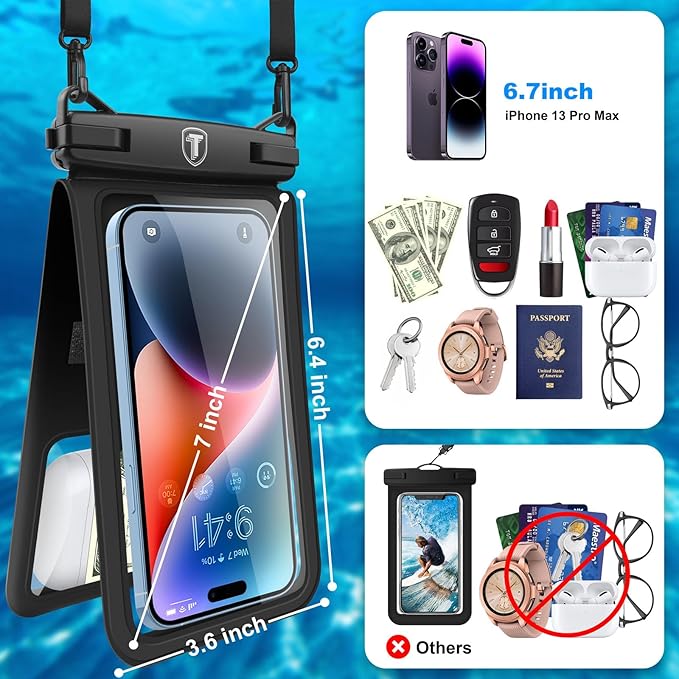 [2-Pack] Tekcoo Double Space Detachable Waterproof Phone Case IPX8 Pouch Lanyard Dry Bag for iPhone 17/16/15/14/13/12/Pro Max/Air/Pro/Xr/Xs/SE, Galaxy S25/S24/S23/S22/S21/FE/A17/A16/A15 up to 7"