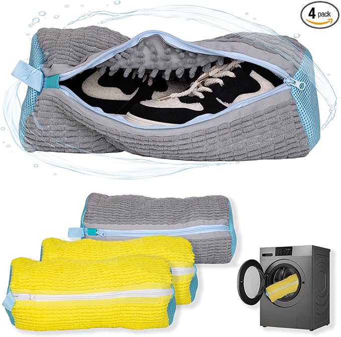 Shoe Washing Machine Bag, 4 Pcs Laundry Shoe Bags for Washer and Dryer with Chenille Liner, Large Reusable Mesh Bag for Sneakers, Gym, Tennis, Sports, Delicate, 2 Color Mix(Yellow+Gray)