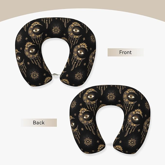 Neck Travel Pillow, Women Men Washable Airplane Car Pillows Mandala Boho Eyes Crescent Moon Sun Dream Catcher, Head Support Rest U Shaped Cushion Comfortable for Watching TV