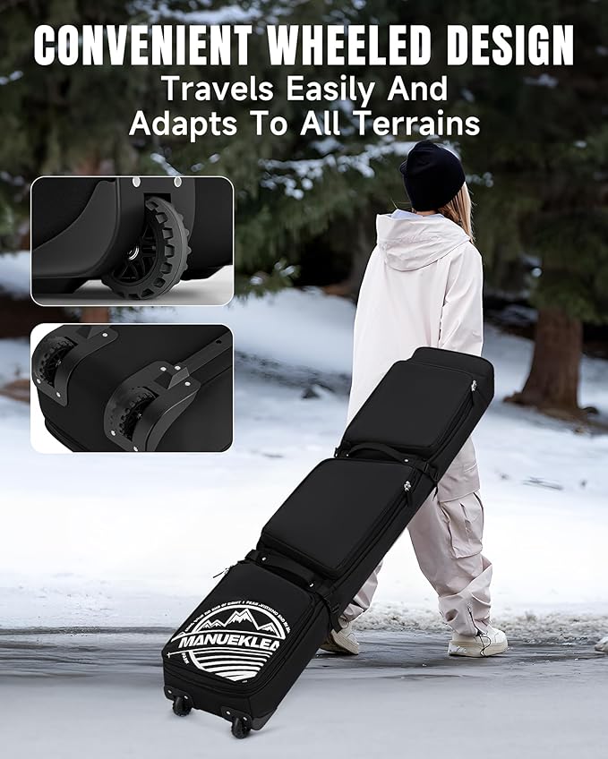 MANUEKLEAR Rolling Ski Travel Bag Holds Skis from 170-190 cm, Durable & Waterproof Snowboard Bag with Wheels, Foldable Double Ski Bag with Soft Padded and Detachable Shoulder Straps