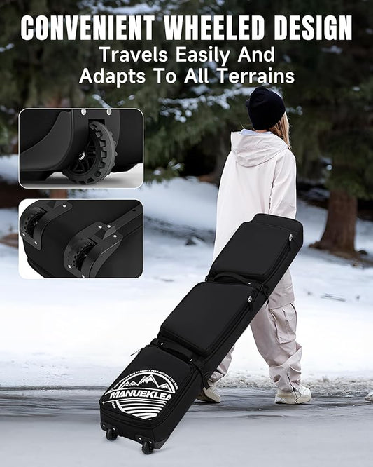 MANUEKLEAR Rolling Ski Travel Bag Holds Skis from 170-190 cm, Durable & Waterproof Snowboard Bag with Wheels, Foldable Double Ski Bag with Soft Padded and Detachable Shoulder Straps