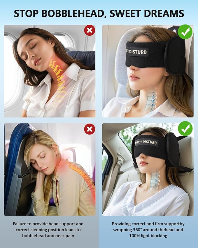 Travel Pillows for Airplanes, Airplane Pillow for Long Flights Sleeping Travel, Airplane Head Strap with Eye Mask 360° Support Headrest for Plane Road Trip Sleep, Stop Bobblehead（Black）