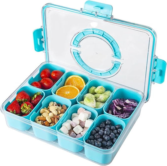 Snackle Box Container with Sealed Lid – Portable BPA-Free Snack Box with Foldable Handle, Divided Serving Tray for Fruit, Candy, Nuts & Veggies – Perfect for Travel, Picnic, Beach & Party 11.8" x 8.8"