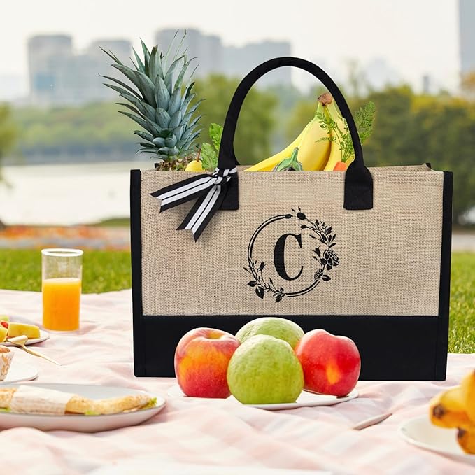 TOPDesign Personalized Initial Canvas Beach Bag, Monogrammed Gift Tote Bag for Women