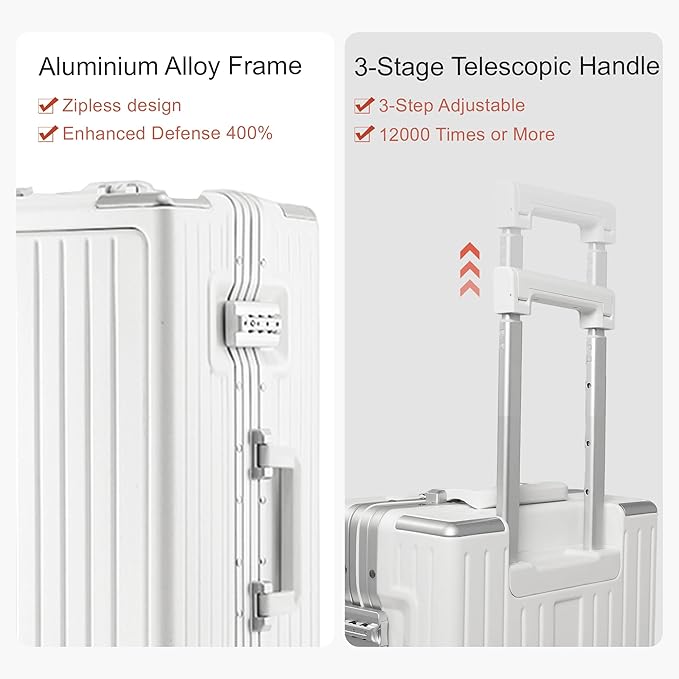 Carry On Luggage 22x14x9 Airline Approved Aluminum Frame, 20 Inch Hard Shell Carry On Luggage, Suitcase Carry-on Zipperless Luggage, TSA Approved (White)