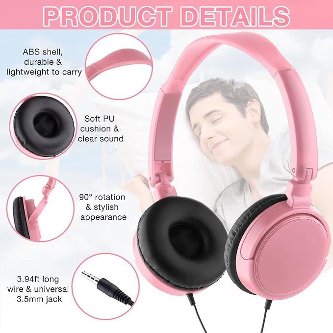 Yunsailing 18 Pack Classroom Headphones Bulk Student Wired Class Headphones Set for School with Individually Wrapped Adjustable Over Ear Head Earbuds (Pink)