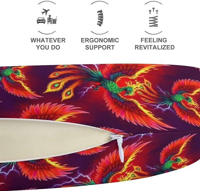 Funny Memory Foam Neck Pillow Travel U Shaped Cushion with Zip Cover, Chin Support for Airplane Car Office Home Nap, Abstact Flaming Fire Flame Bird Wings Art