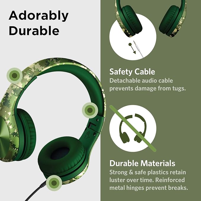 LilGadgets Connect+ Pro Wired Kids Headphones for School with Microphone, Volume Limiting Over-Ear Headset with Cord, SharePort Technology & SoftTouch Padding, Green Digital Camo