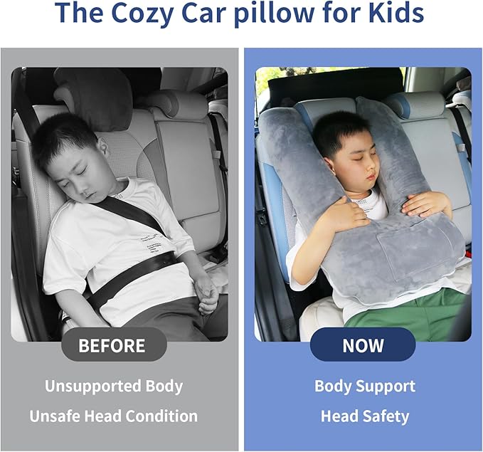 Car Pillow for Kids, Travel Pillow for Car, Toddler Travel Pillow for Sleeping Carseat Pillow for Adults, Removable and Washable Covers, Long Car Ride Essentials,Grey
