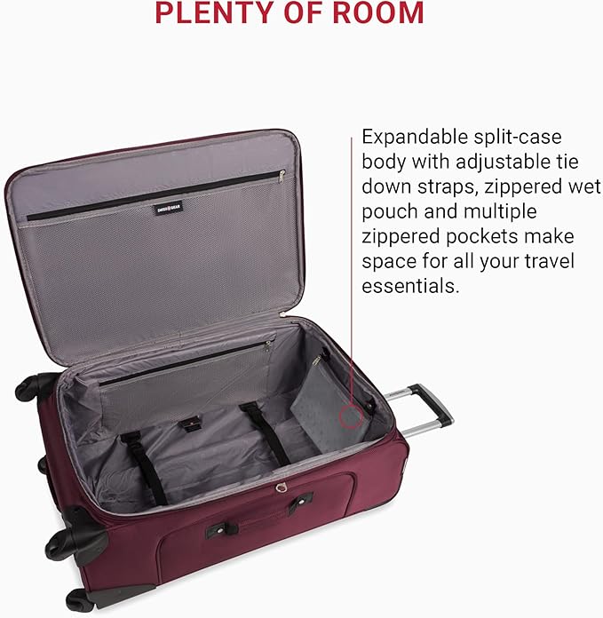SwissGear Sion Softside Expandable Luggage – Large Checked Suitcase with 360 Degree Wheels & Retractable Handle – 29 Inch, Perfect for 7-9 Night Trips – Merlot