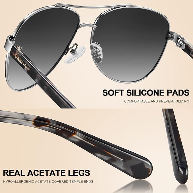 CARFIA Polarized Sunglasses for Women UV Protection Acetate Arms Metal Frame Woman's Shades CA3216