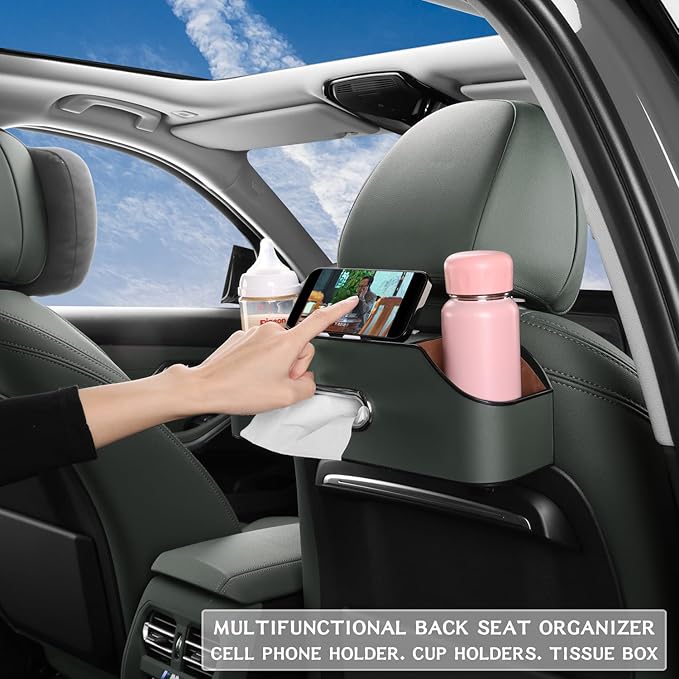 HOLDCY Car Back Seat Organizer with 2 Drink Cup Holder - Tissue Box and Storage Box Hook - Multi-functional Storage - Great for Kids and Travel (Green)