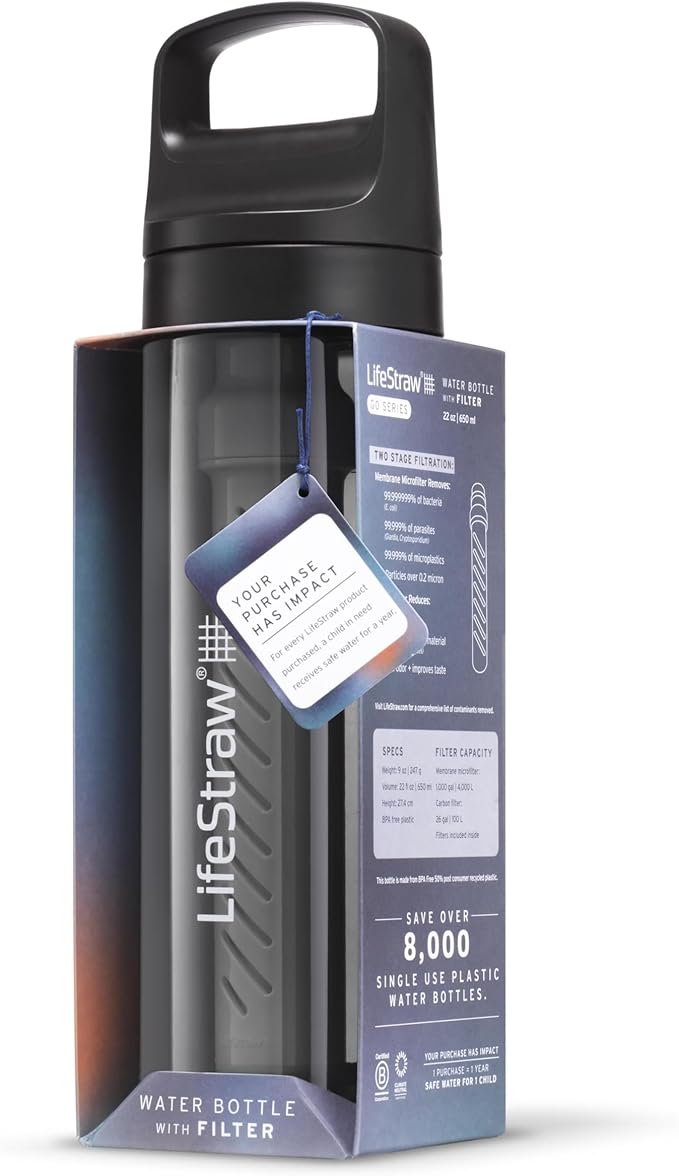 LifeStraw Go Series – BPA-Free Water Filter Bottle for Travel and Everyday use removes Bacteria, parasites and microplastics, Improves Taste, 22oz Nordic Noir