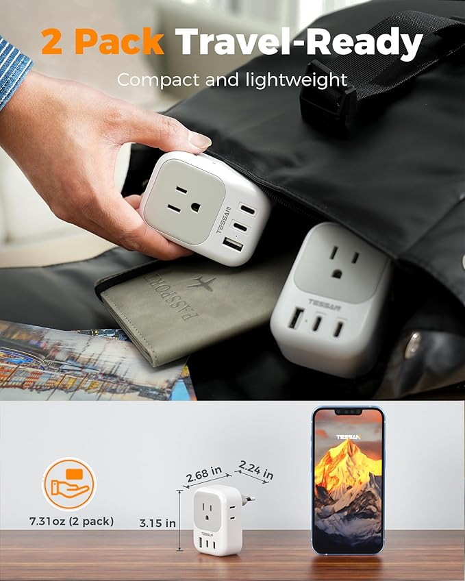 Italy Travel Plug Adapter 2 Pack, TESSAN Type L Adapter for Travel with 4 Outlets 3 USB (2 USB-C), Power Adaptor for US to Italy Chile Rome Uruguay Milan Libya