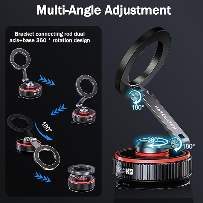 Magnetic Car Phone Mount, 120+ LB Vacuum Suction & 3000gf Magnetic Force, 360° Triple-Axis Adjustable Car Holder for iPhone & All Phones, Twist-Lock Suction Cup, Quick-Release – Black