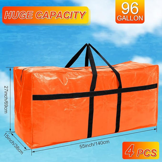 4 Pcs 96 Gallon Large Moving Bags with Zipper and Handles Foldable Storage Duffle Bags Heavy Duty Extra Large Totes for College Dorm Travel Clothes Blankets Bedding Moving (Orange)