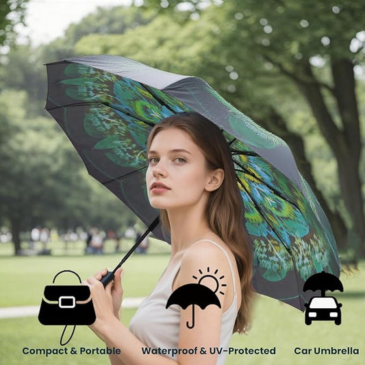 SIEPASA Windproof Travel Compact Umbrella-Automatic Umbrellas for Rain- Folding Umbrella, Travel Umbrella Compact, Small Portable Windproof Umbrellas for Men Women Teenage. (Green Peacock)