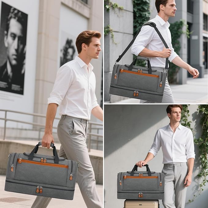 Canvas Travel Duffel Bag for Men - 21 Inch Expandable 47L Weekender Bags with Trolley Sleeve & Toiletry Bag, Overnight Carry On Luggage with Removable Shoulder Strap, Durable & Water-Resistant