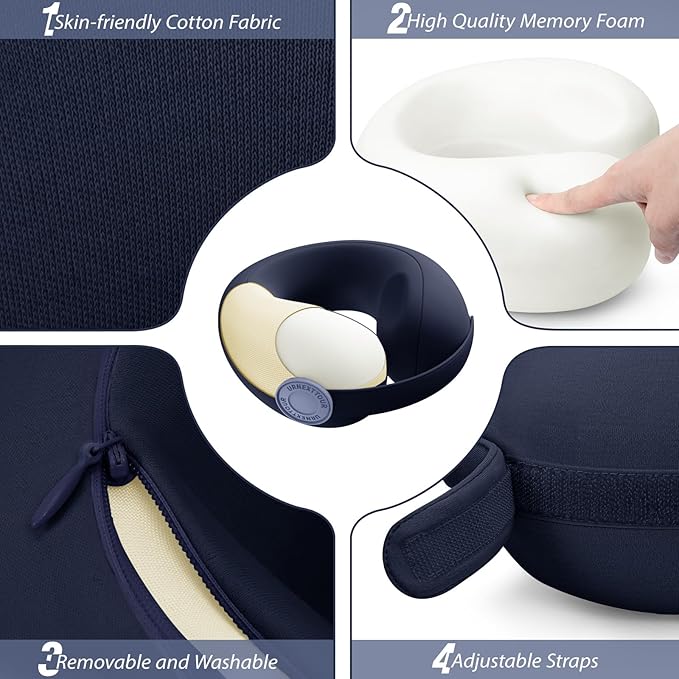 Car Pillow for Big Kids Travel Neck Pillows, Memory Foam Neck Support Travelling Pillow with Washable Cotton Pillowcases and Storage Bag, for Airplane, Train, Flight and Home Use Blue