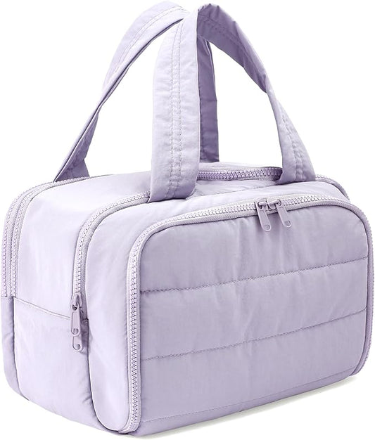 Travel Toiletry Bag for Women, Large Wide-open Puffy Cosmetic Makeup Bag with Wet-Dry Separation, Multi-Pocket Organizer with Carry Handle for Toiletries, Cosmetics, Essentials, Light Purple