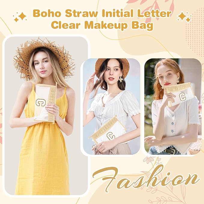 Personalized Initial Letter Bag Boho Straw Clear Makeup Bag,Small Cute Chenille Varsity Letter Bag With Zipper,Beach Travel Toiletry Bag,Portable Monogrammed Cosmetic Bag for Women Girls,C