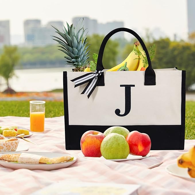 TOPDesign Personalized Initial Canvas Beach Bag, Monogrammed Gift Tote Bag for Women