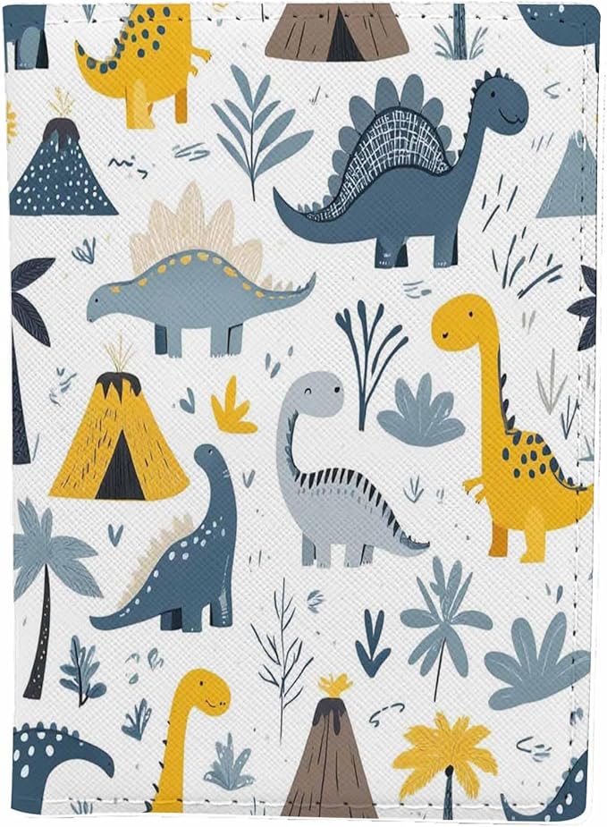 Childish Dino Passport Holder for Travel Creative Cartoon Dinosaur PU Leather Passport Cover Wallet Cute Passport Card Holder for Women and Men