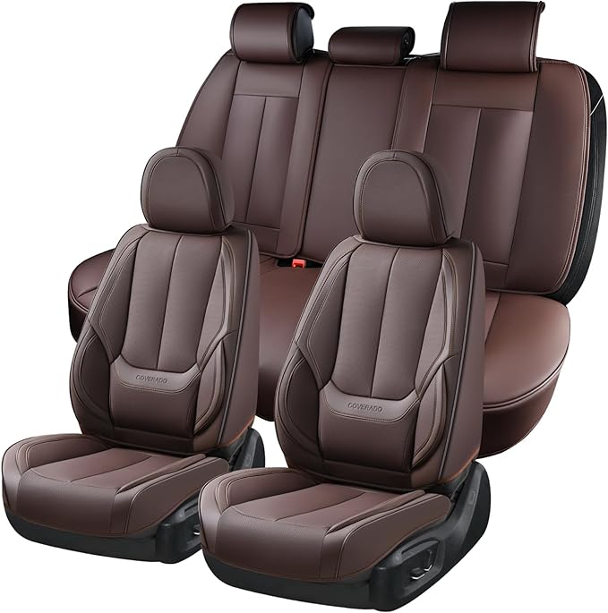 Coverado Car Seat Covers Full Set, Seat Covers for Cars, Car Seat Covers Front Seats and Back, Brown Car Seat Protector Waterproof, Nappa Leather Car Seat Cushion Fit for Most Cars