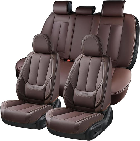 Coverado Car Seat Covers Full Set, Seat Covers for Cars, Car Seat Covers Front Seats and Back, Brown Car Seat Protector Waterproof, Nappa Leather Car Seat Cushion Fit for Most Cars