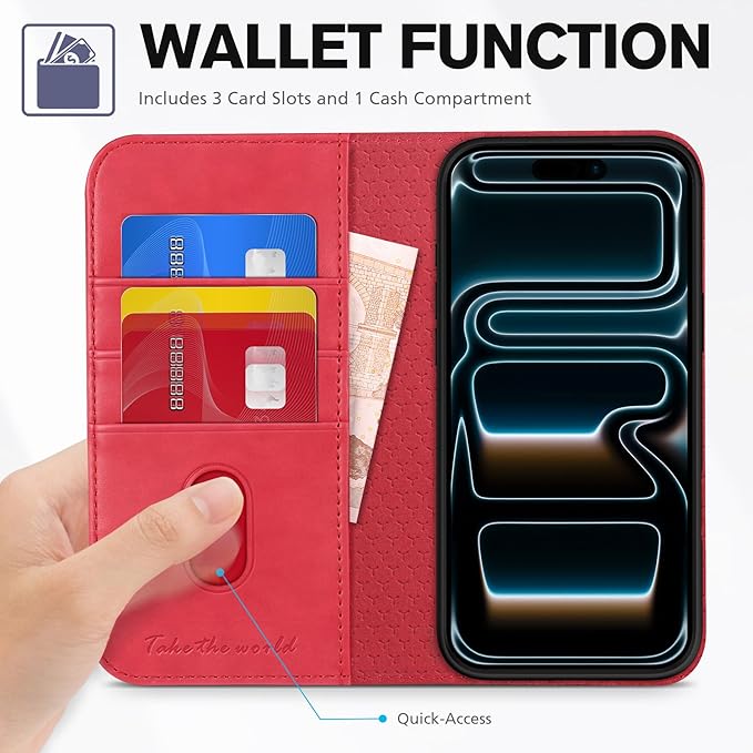 TUCCH Case Wallet for iPhone 17 Pro (6.3") 2025, RFID Blocking, 3 Card Holders, Kickstand, PU Leather, Protective Flip Folio Cover, TPU Shockproof Interior Shell, Bright Red