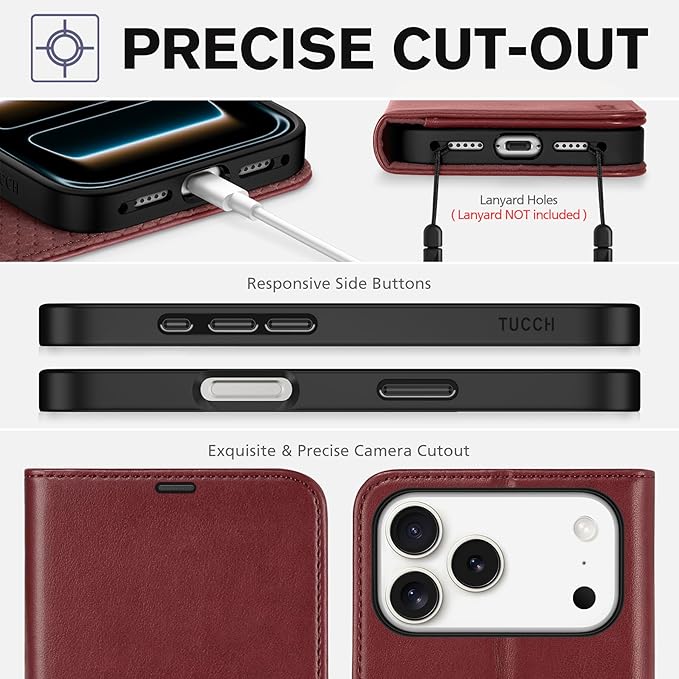 TUCCH Case Wallet for iPhone 17 Pro Max (6.9") 2025, Stand | RFID Blocking | 4 Card Holders | TPU Shockproof Inner Shell | PU Leather | Magnetic Closure Folio Protective Cover | Dark Red