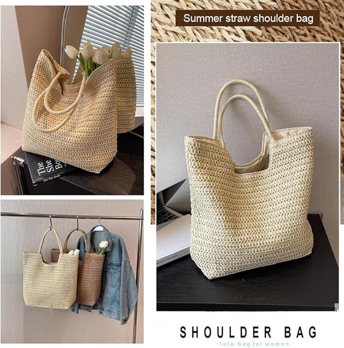 Straw Beach Bags for Women Woven Beach Tote Bag Casual Boho Large Shoulder Handbags Purse for Vacation Holiday