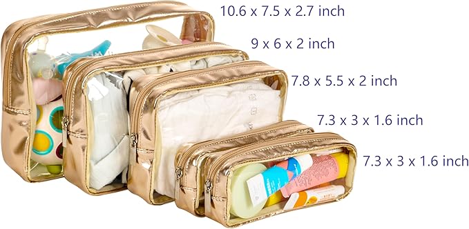 TSA Approved 5-Piece Diaper Bag Organizer Pouch Set Clear Waterproof TPU Kids Toiletry Storage Set Travel Packing Clutch Cube Bags for Baby Nursing
