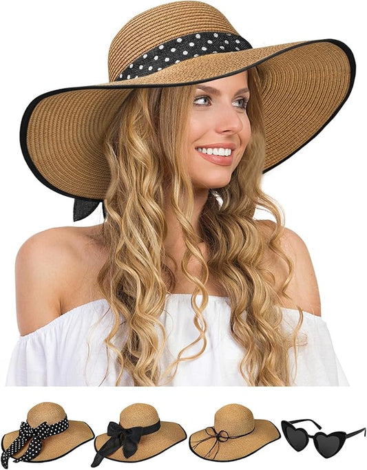 Senker Fashion Sun Hats for Women, Wide Brim Floppy Beach Straw Hat for Summer Travel Vacation Foldable with Sunglasses