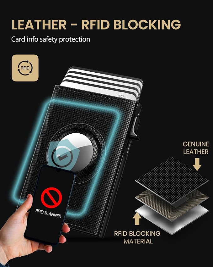 typecase Mens Wallet Card Holder for AirTag: Leather Smart Wallet for Men Compatible with Apple Air Tag, RFID Blocking, Slim, Minimalist - 9-14 Card Capacity | ID Window | Cash Slot (Dark Black)