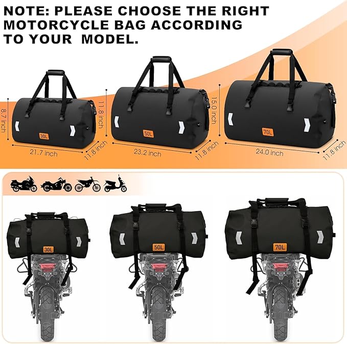 Waterproof Duffel Bag, 70L Roll-top Motorcycle Dry Bag with Air Valve & Quick-fixed Straps, Travel Duffle Bags for Kayaking Paddle Boarding Rafting Boating Camping Riding Fishing - Black