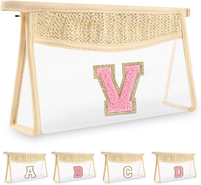 Small Boho Straw Initial Letter Makeup Bag Personalized Gift ,Cute Clear Chenille Patch Makeup Bag With Zipper,Trendy TSA Approved Travel Toiletry Bag,Gift for Women Girls Birthday Friend, Letter V
