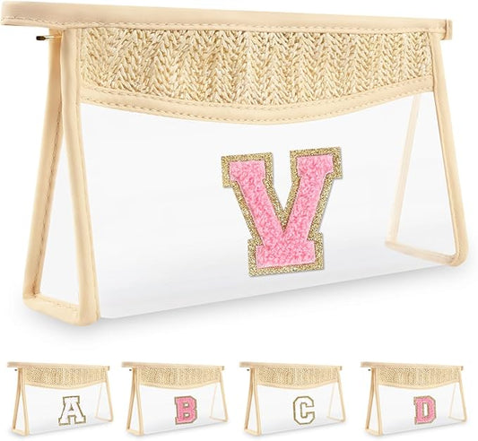 Small Boho Straw Initial Letter Makeup Bag Personalized Gift ,Cute Clear Chenille Patch Makeup Bag With Zipper,Trendy TSA Approved Travel Toiletry Bag,Gift for Women Girls Birthday Friend, Letter V