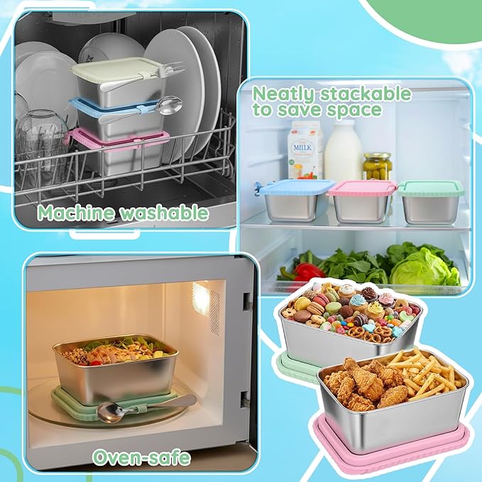 Acellegic Stainless Steel Snack Containers with Silicone Lids, 15 oz Reusable Food Storage Deli Containers for Meal, Leak Proof, Easy Open BPA Free Daycare and School (Blue, Pink, Green,Beige,4 Pack)
