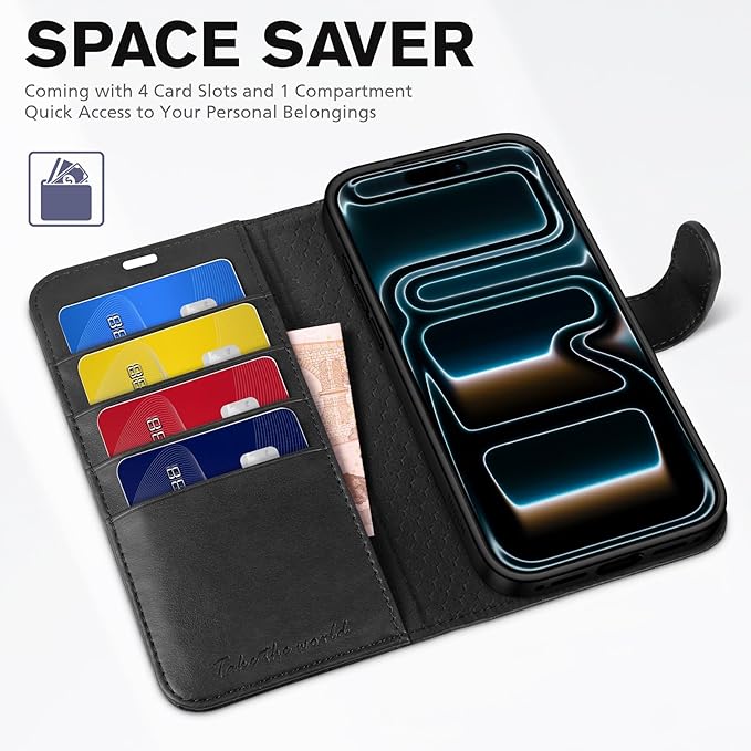 TUCCH Wallet Case for iPhone 17 Pro Max (6.9") 2025, RFID Blocking 4 Card Holders | Kickstand | Shockproof TPU Shell | PU Leather | Magnetic Closure | Protective Flip Folio Cover | Black