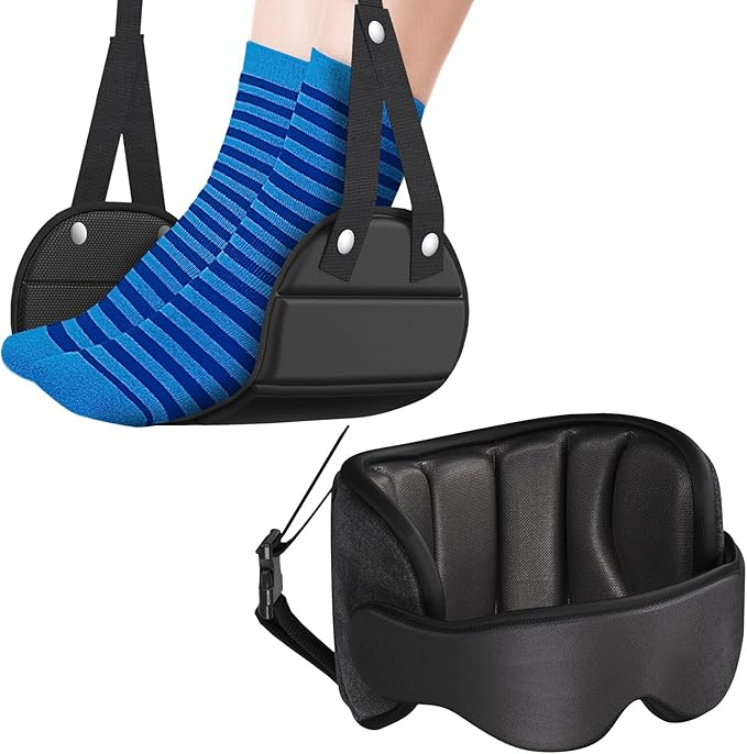 Travel Pillow Airplane Foot Hammock Set, Airplane Pillows with 3D Eye Mask for Sleeping, 360° Support Plane Head Strap, Long Flights Essentials, Stop Bobblehead and Travel Foot Rest Leg Relief