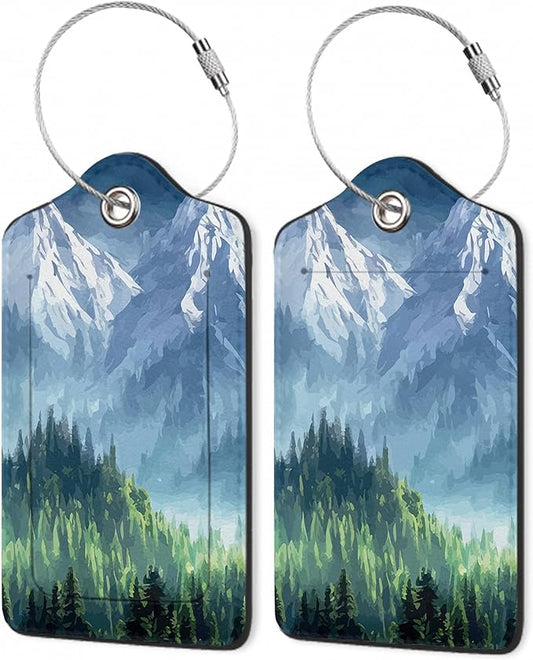 Luggage Tags for Suitcase,2 Pack Misty Forest Mountains Luggage Tag with Privacy Flap,Name ID Label and Metal Loop for Women Men Teens Travel