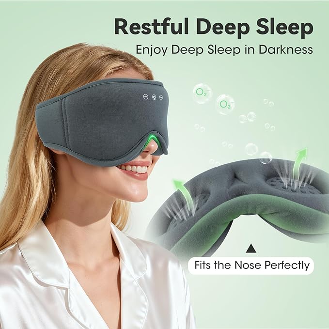 3D Bamboo Cotton Sleep Mask with Bluetooth 5.4 Headphone, Music Wireless Bluetooth Blackout Eye Mask for Side Sleepers, Earphones HD Speaker Microphone for Travel, Gifts for Women Men, Grey