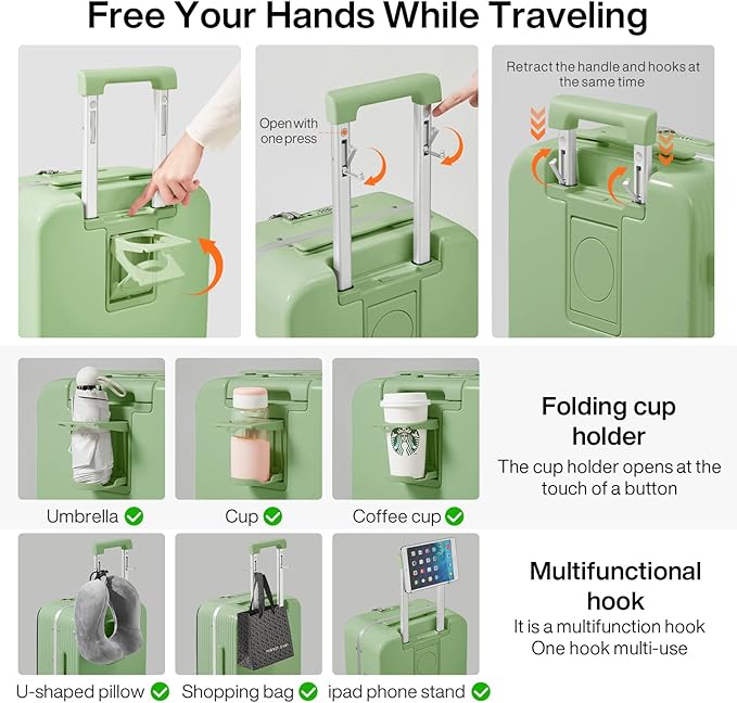 mixi Large Checked Luggage with Cup Phone Holder and Charger Hard Shell Suitcases with Spinner Wheels, 26 Inch Avocado Green